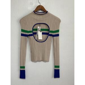 BDG Mock Neck Open Back Ribbed Sweater S Tan Green Blue Stripe NWT